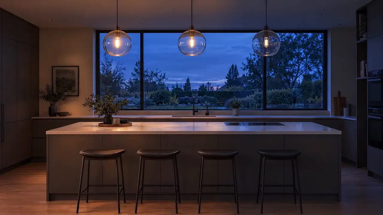 A kitchen at dusk with three glass pendant lights glowing over the island