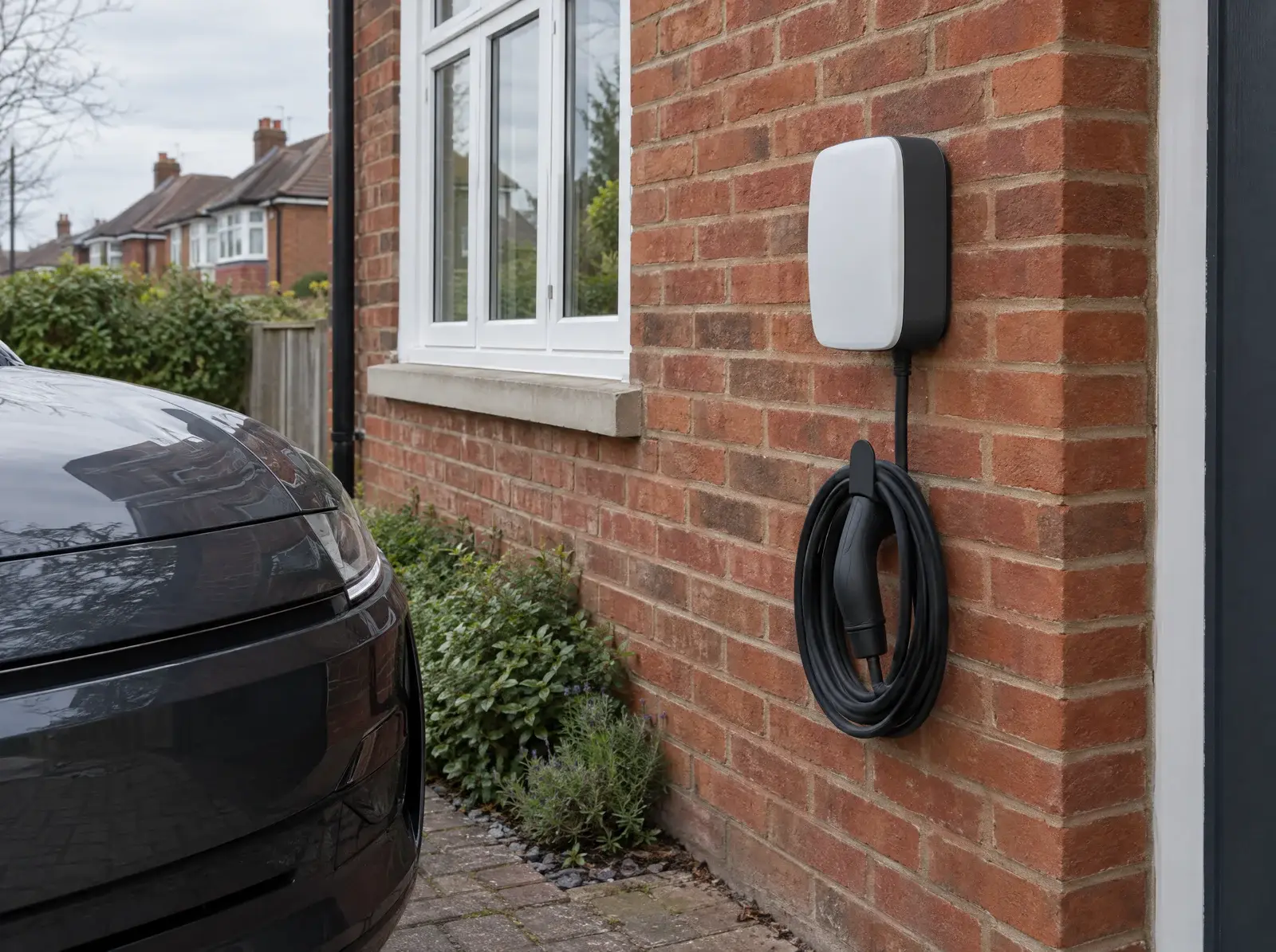 Home EV charger mounted on a brick wall beside a driveway