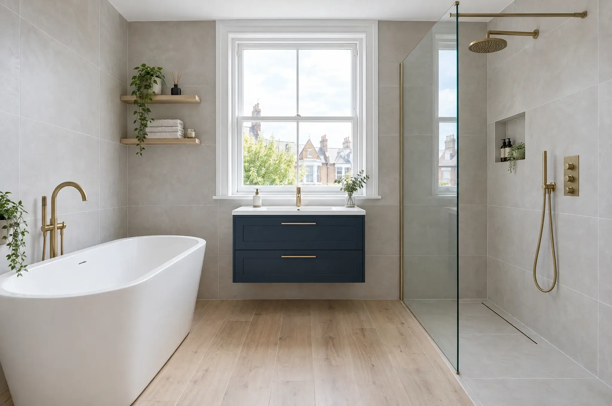 The bathroom after: freestanding bath, walk-in glass shower, navy vanity and pale stone tiles