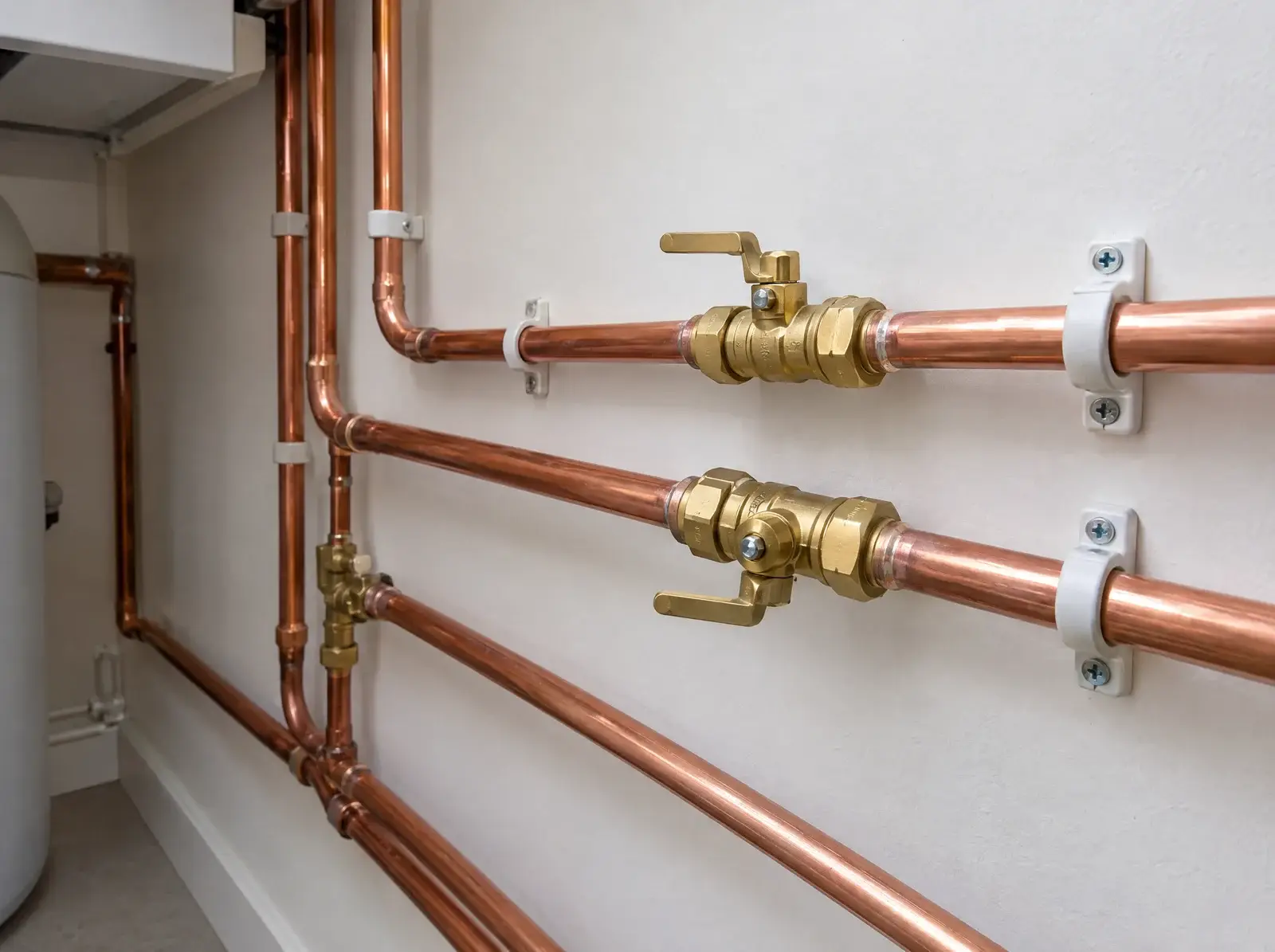 Neatly soldered copper pipes with brass valves along a white wall