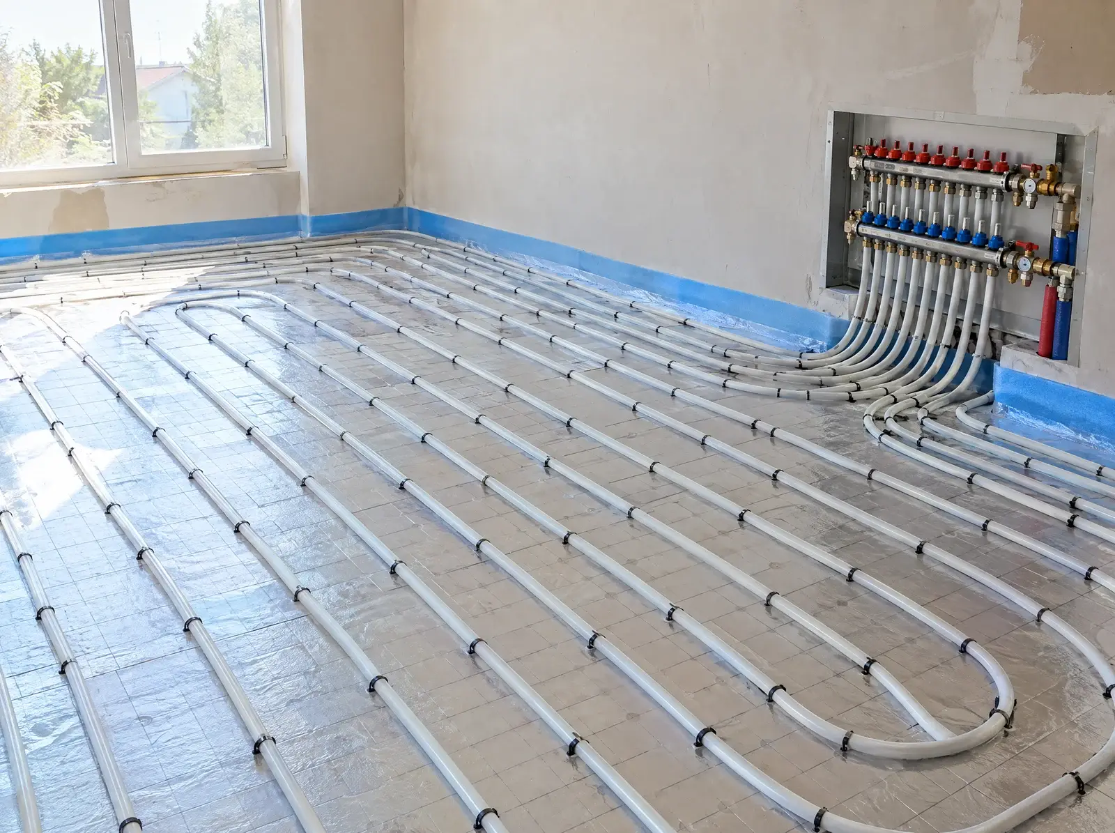 Underfloor heating pipes laid in neat loops, connected to a manifold