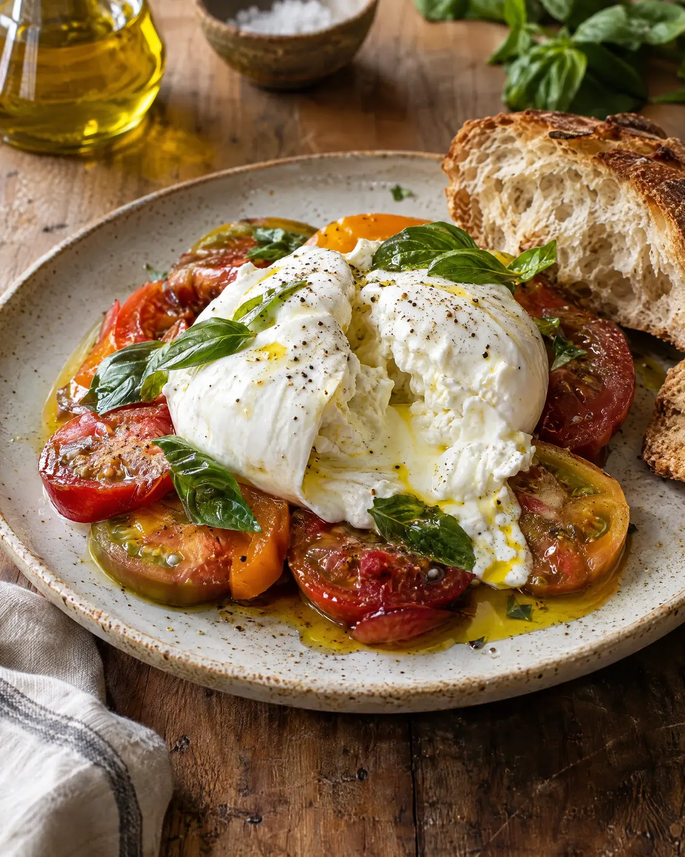 Burrata over heirloom tomatoes with basil and olive oil