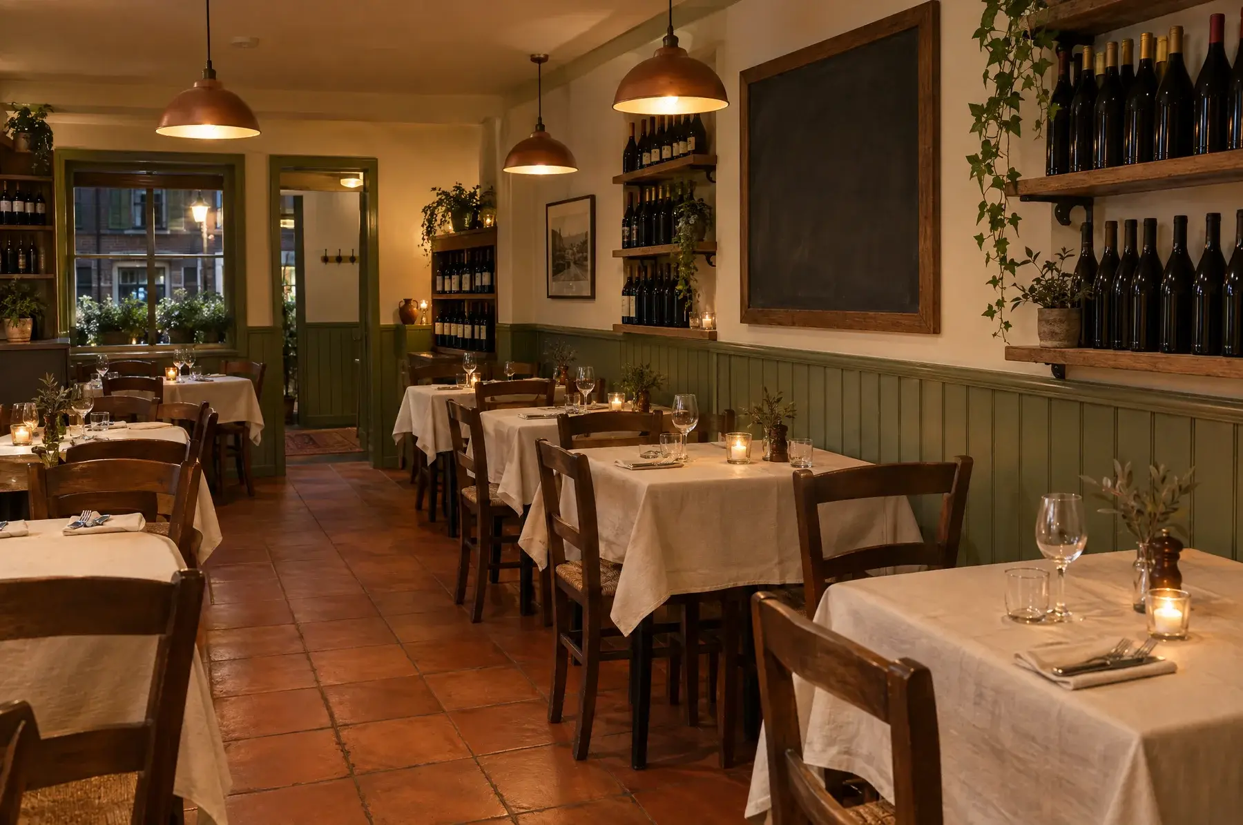 The trattoria dining room in the evening, with linen tables, terracotta tiles and wine shelves